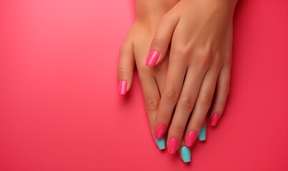 Naklejka premium Female hands with manicure on a pink background.