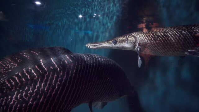 cinematic zoom-out of an alligator gar swimming in a serene underwater habitat, elongated snout in a natural aquarium setting
swimming next to an Arapaima Gigas in Aquaria KLCC, Malaysia Aquarium