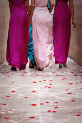 Three women walking on a path with roses petals rear view.