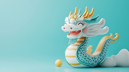 Obraz premium Colorful dragon sculpture with playful expression on a turquoise background for Chinese new year.