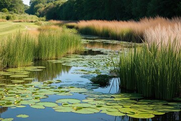 Obraz premium Tranquil Riverside Landscape with Lilypads and Reeds