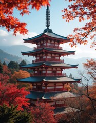 Obraz premium Autumnal Pagoda Amidst Crimson Maple Trees 