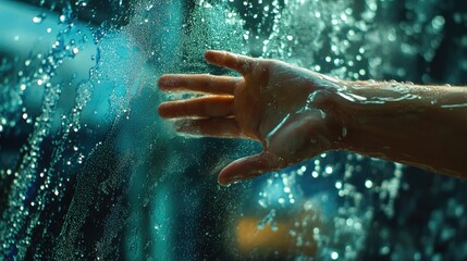 Fototapeta premium Hand Reaching Through a Rainy Window with Water Drops and Light