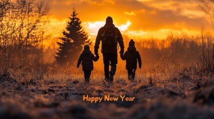 Family walking together at sunset, celebrating New Year