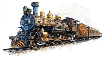 Obraz premium Vintage Steam Locomotive Train Carriages Rolling On Tracks