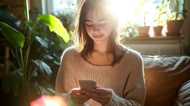 Quiet Reflection as Mother Texts Grown Child, Sunlit Room and Heartfelt Connection
