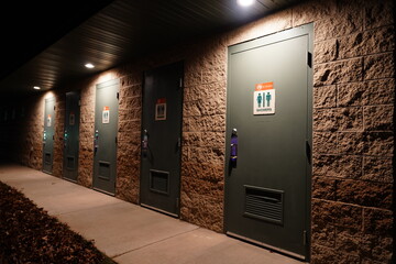 Outside Bathroom shower doors for male and female use during the night. 
