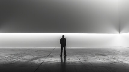 Fototapeta premium Silhouette stands, bright wall, dark floor.