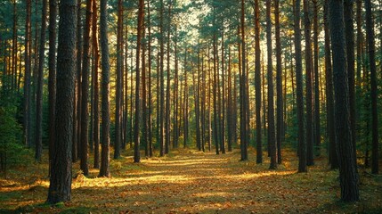 Obraz premium A tranquil forest scene showcasing tall trees and a serene pathway covered in leaves.