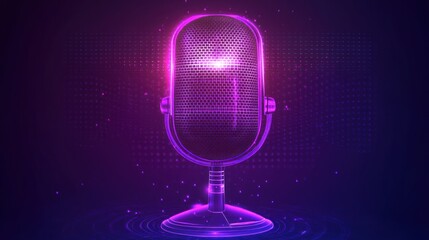 Microphone icon with digital hologram effect, vibrant purple 