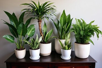 Obraz premium Stunning Indoor Plant Display with Palm Ficus Snake Plant Pothos and Ferns