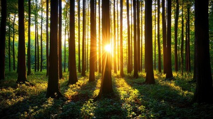Obraz premium Sunlight filters through tall trees in a tranquil forest, creating a serene atmosphere.