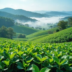 Fototapeta premium Misty Mountain Tea Plantation Landscape 