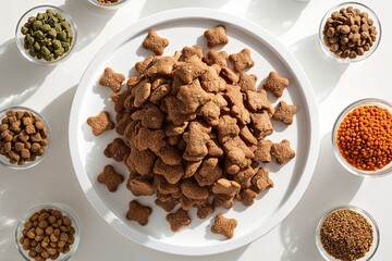 Dry Dog Biscuits and Dry Cat Food Top View in Bright White Space