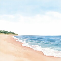 Fototapeta premium Tranquil watercolor painting of a serene beach landscape with a vibrant sunrise over the ocean Featuring a stunning coastal scenery with soft colorful hues and a minimalist abstract style