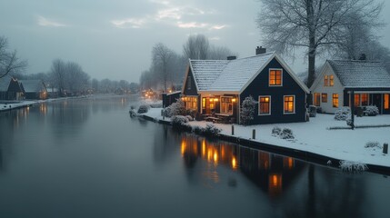 Obraz premium A serene winter scene with cozy houses by a snowy canal reflecting warm lights.