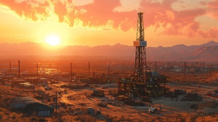 Oil drilling rig at sunset with dramatic sky and landscape view