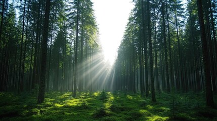 Obraz premium Sunlight filters through tall trees, creating a serene forest atmosphere.