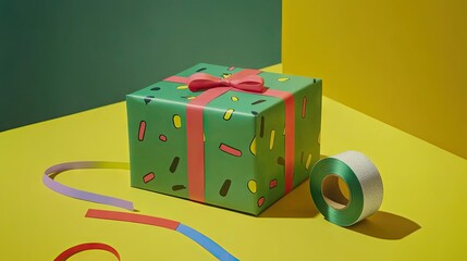 Colorful Gift Box Wrapped in Green Paper and Festive Ribbon