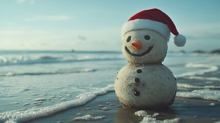On the seashore, a sandy snowman wearing a red Santa hat smiles. 