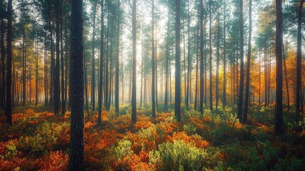 Obraz premium A serene autumn forest filled with vibrant colors and soft sunlight filtering through trees.