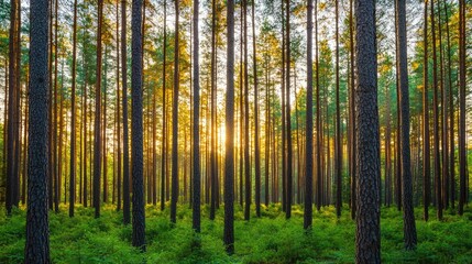 Fototapeta premium A serene forest scene with towering trees and golden sunlight filtering through the leaves.