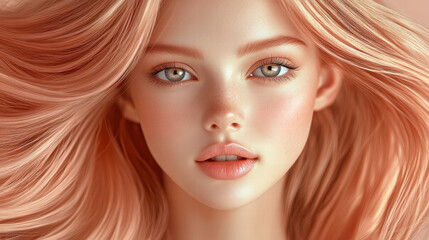 Naklejka premium A beautiful woman with long, peach-colored hair. A close-up portrait of a beautiful girl model with a shiny, healthy