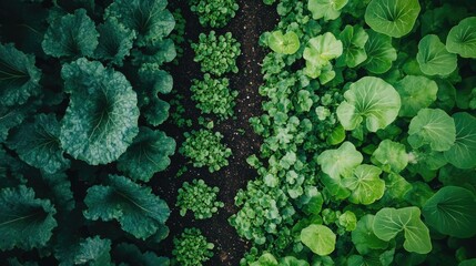Lush Green Garden Rows with Varied Leafy Vegetation from Above