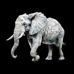 Fototapeta premium A Grey Elephant Walking on Black Background