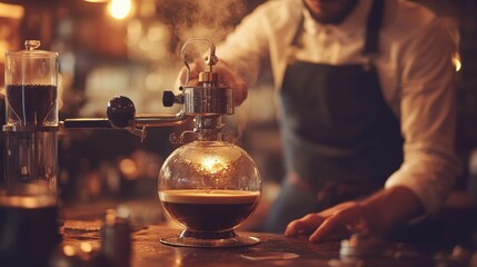 Naklejka premium Brewing coffee with a syphon at a cozy café during evening hours