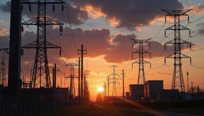 Sunset Power Lines and Industrial Landscape
