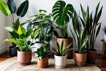 Fototapeta premium Vibrant Indoor Plant Collection Featuring Alocasia Pothos Monstera Snake Plant and Palm