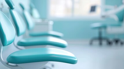 Modern dental waiting area with turquoise chairs and bright, airy ambiance.