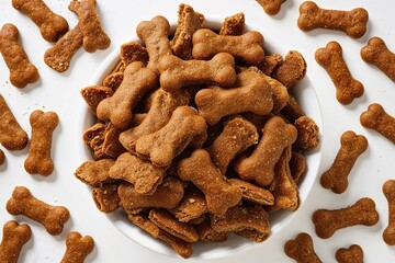 Fototapeta premium Delectable Dry Dog Biscuits Piled in a Bright White Space, Top View