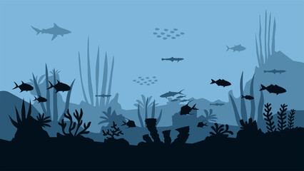 Landscape illustration of seabed with coral reefs and fishes