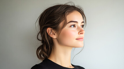 Naklejka premium Minimalist Profile Portrait of Woman with Tied-Back Hair, Highlighting Natural Beauty and Simplicity