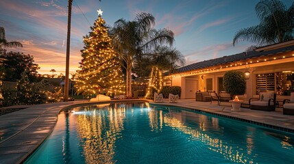 Illuminated Christmas Tree by Poolside at Sunset, Festive Backyard Oasis