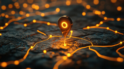 3D location pin icon on the map, with an orange glow around the lights, depth of field, bokeh effect, blurry background