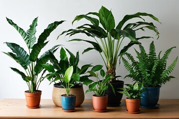 Obraz premium Tropical Plant Guide Chinese Evergreen Palm Rubber Tree Pothos and Fern Arrangement