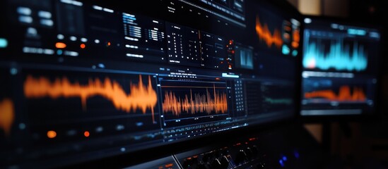 Naklejka premium Digital sound archive with interactive audio waveform previews, showcasing various genres and sound samples, modern and accessible 