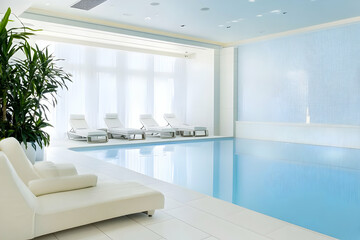 Fototapeta premium A serene indoor pool area with loungers and plants, designed for relaxation and leisure.