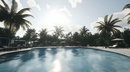 Obraz premium A serene pool scene surrounded by palm trees and sunlight, ideal for relaxation.