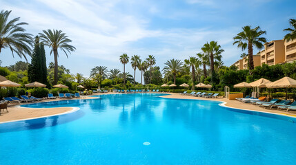 Fototapeta premium A tranquil swimming pool surrounded by palm trees and sun loungers in a resort setting.