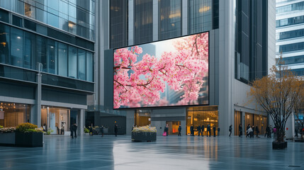 A digital banner displayed on a modern LED screen in a bustling urban environment, detailed textures of surrounding buildings and people in motion, dynamic and professional presentation
