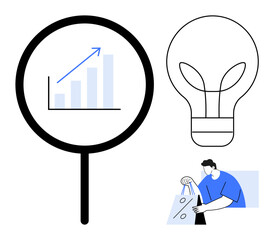 Fototapeta premium Magnifying glass with upward graph, large light bulb, and figure carrying shopping bags. Ideal for business development, innovation, retail, analytics, marketing research creative thinking. Line