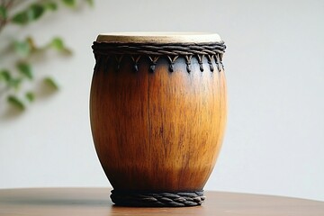 A beautifully crafted wooden djembe drum, ideal for music events, artistic expression, relaxation spaces, or cultural celebrations. Perfect for backgrounds or promoting musical culture.