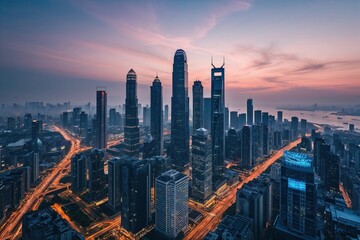 Fototapeta premium Metropolitan Skyline at Dusk: Aerial Outlook on Urban Connectivity and Data Exchange
