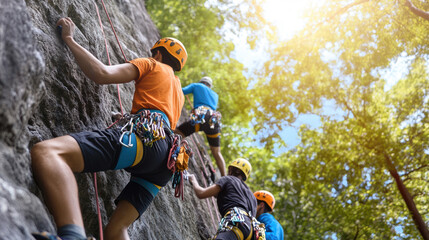 Climbers ascend rocky cliff, showcasing teamwork and adventure in nature