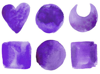 Isolated Set of hand drawn watercolor shapes: circle, square, heart crescent moon in dark blue, violet and indigo colour.