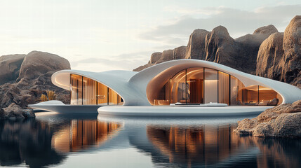 Modern architecture with an arched roof, natural rock formations, a reflective water surface, futuristic design elements, a minimalist structure, a white stone exterior, golden hour lighting